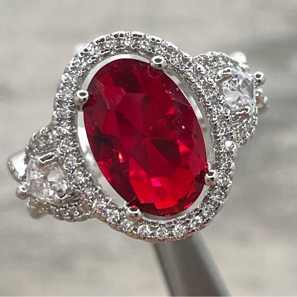 Stunning Statement Oval Cut Halo Red Ruby Diamond CZ Silver Plated Ring